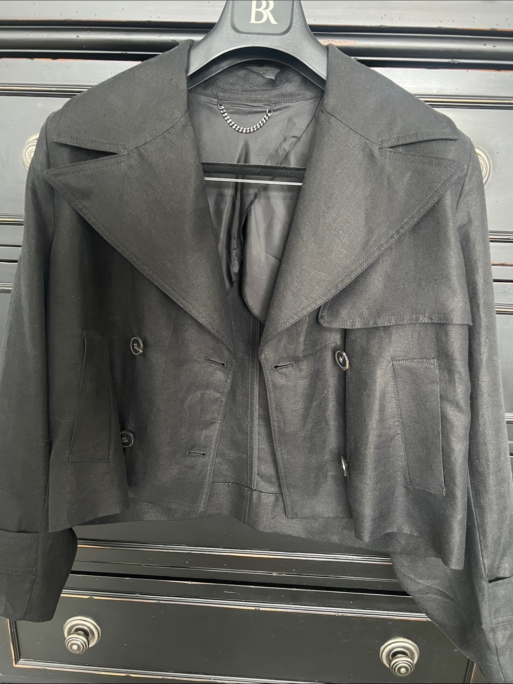 Banana Republic Black Linen, Cropped Double-Breasted Trench